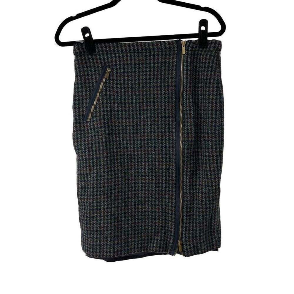 J. Crew Blue Gray Houndstooth Full Zipper Front Wool Skirt Womens 8